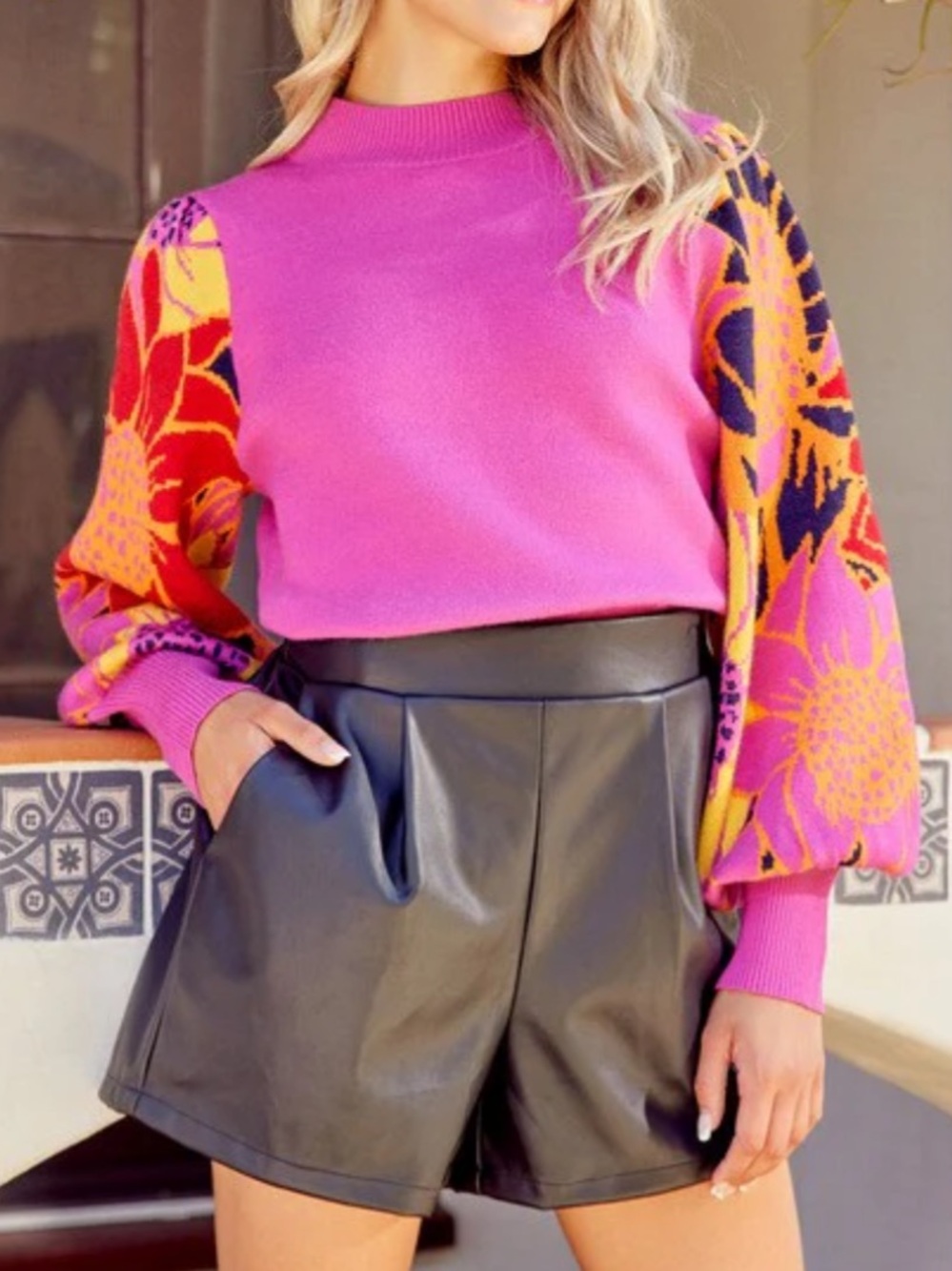 JODIFL Pink Floral Balloon Sleeve Sweater